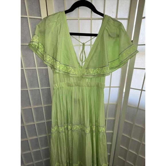 Pranella Embroidered Tiered Flutter Sleeve Floral Boho Beach Designer Dress S/M - Picture 4 of 15